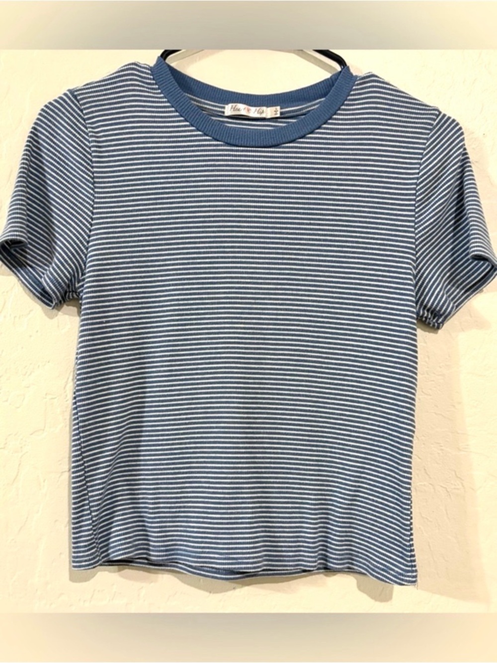 Heart Hips Blue White Striped Ribbed Tee Fitted Baby Tee Top- Juniors L